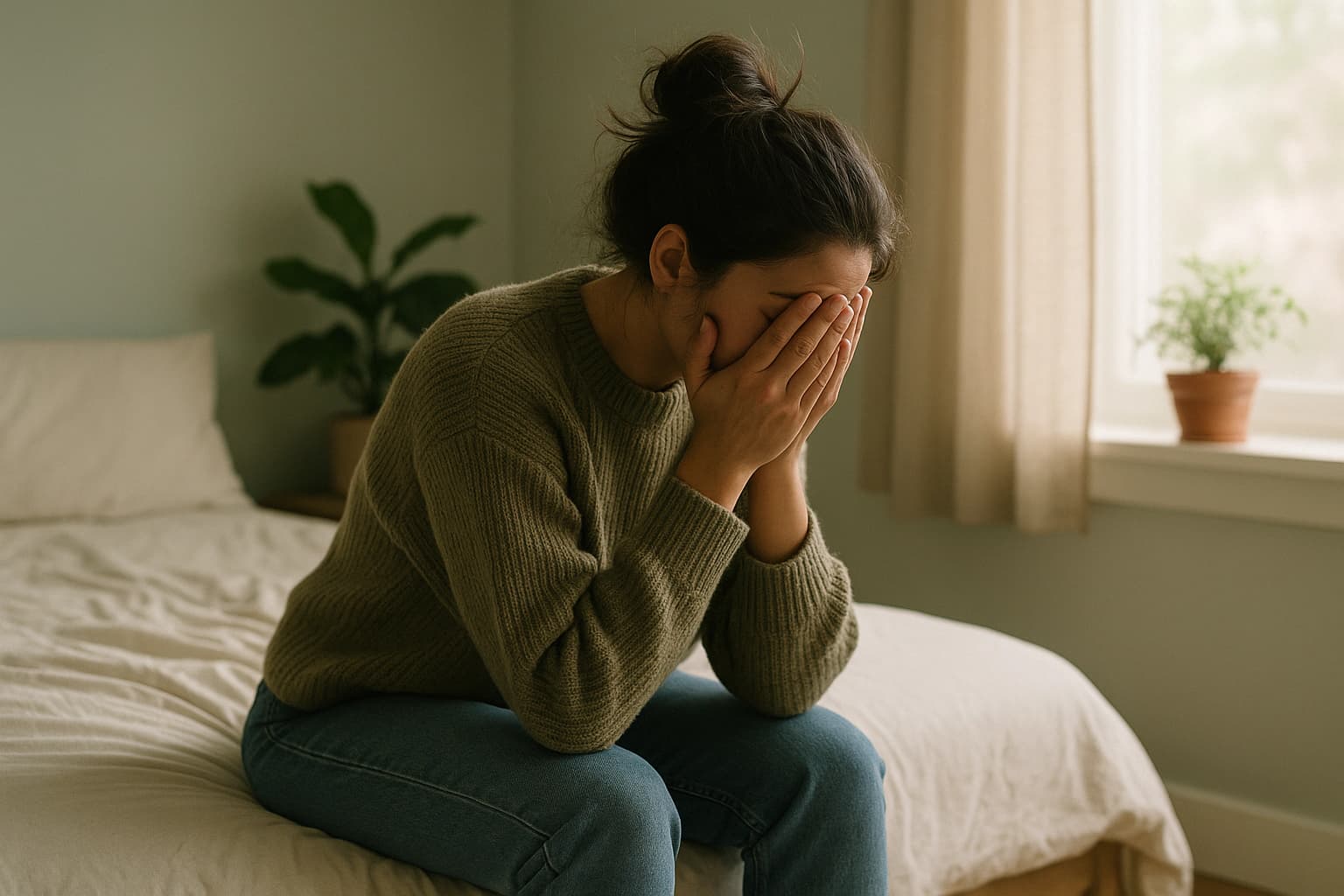 I Keep Telling Myself to Snap Out of It, and It Isn't Working: woman feeling unable to snap out of depression or anxiety, sitting on a bed with her hands covering her face.