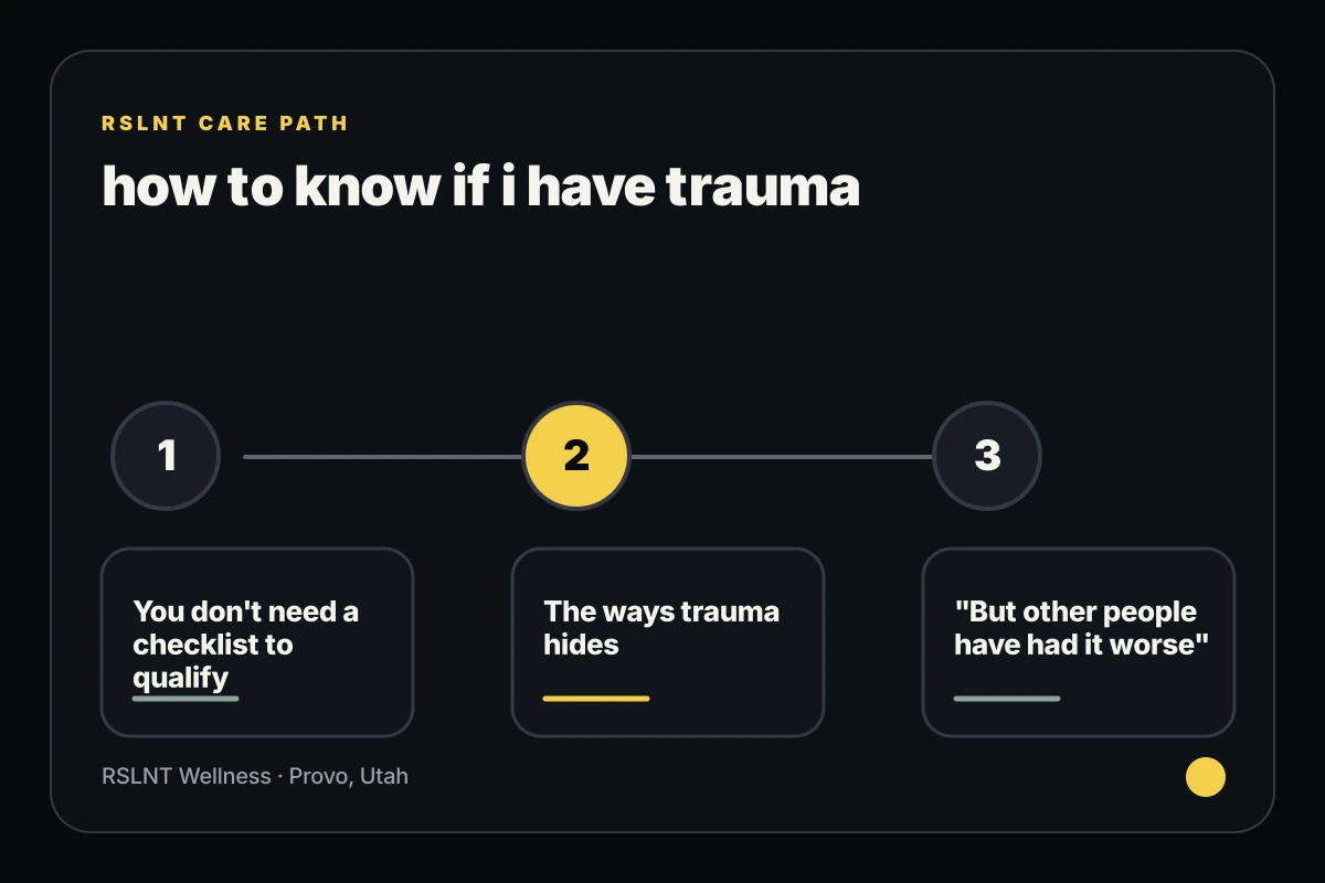 RSLNT Wellness infographic explaining how to know if i have trauma support steps