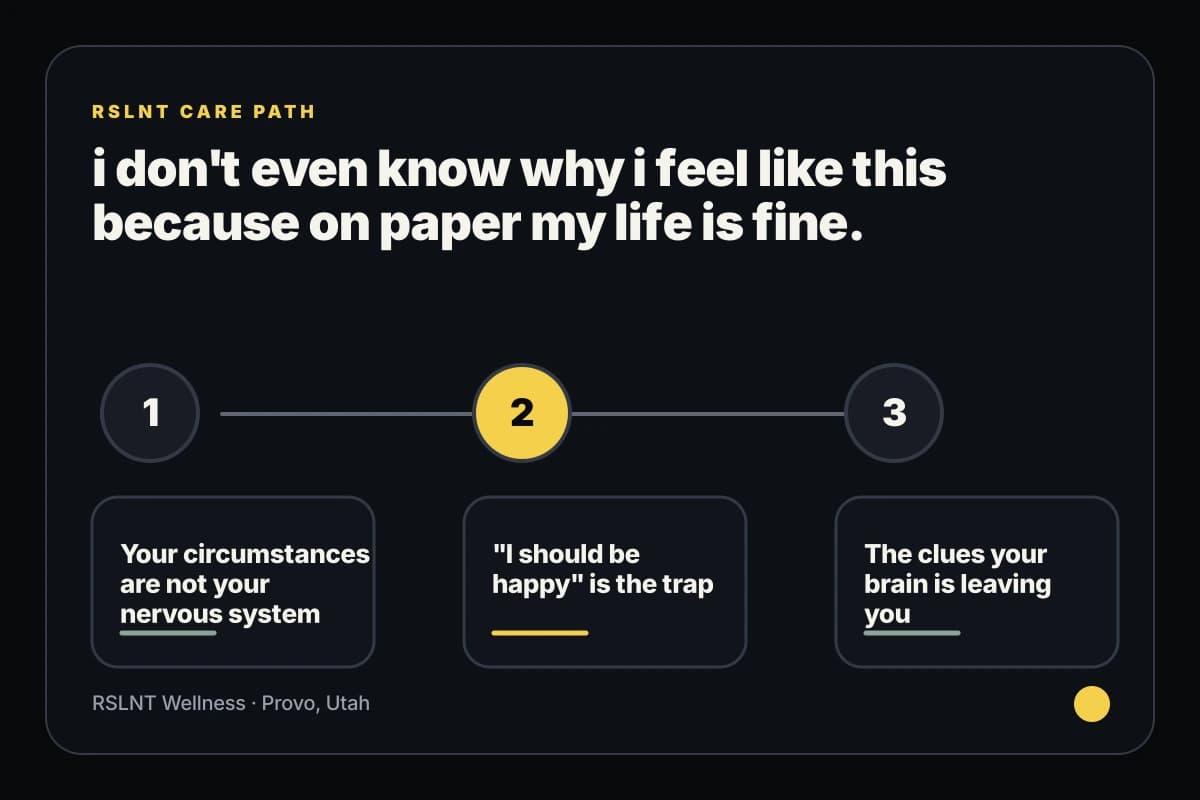 RSLNT Wellness infographic explaining i don't even know why i feel like this because on paper my life is fine. support steps