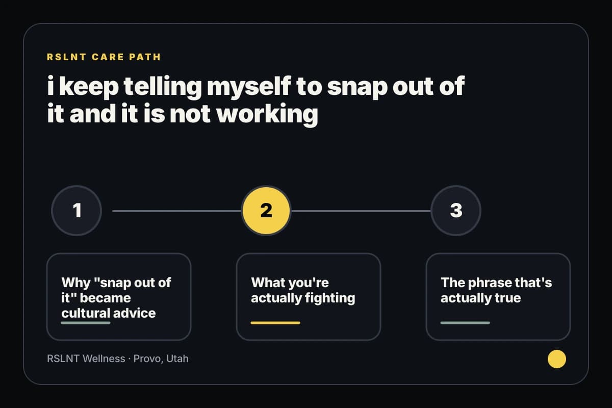 RSLNT Wellness infographic explaining i keep telling myself to snap out of it and it is not working support steps