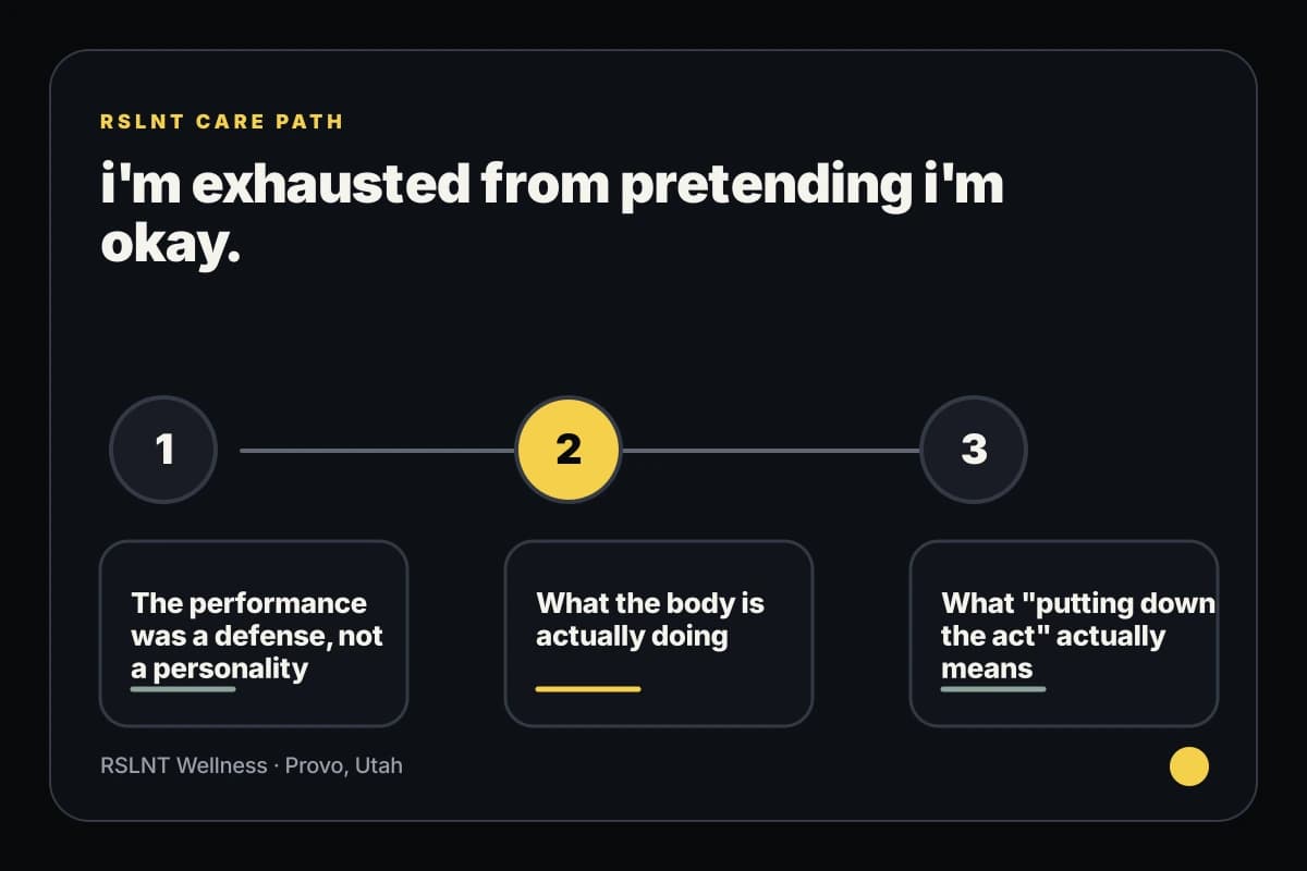 RSLNT Wellness infographic explaining i'm exhausted from pretending i'm okay. support steps