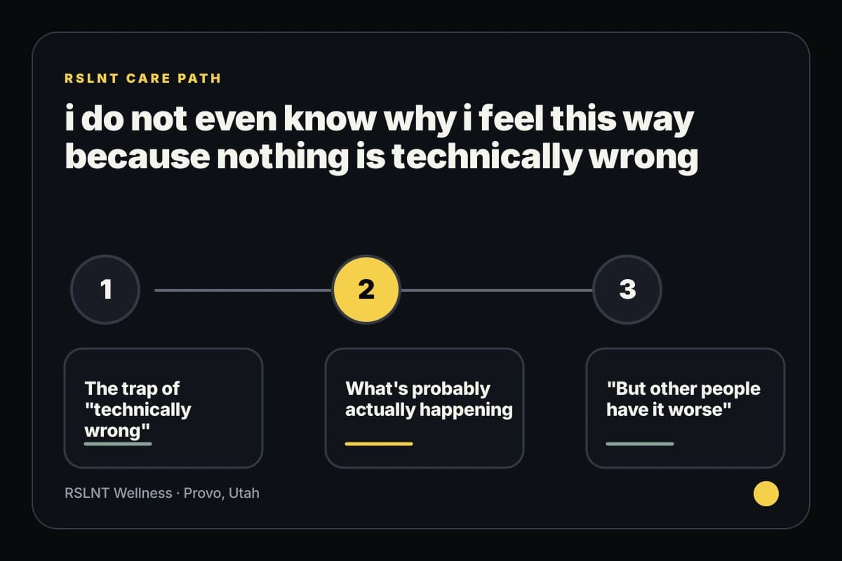 RSLNT Wellness infographic explaining i do not even know why i feel this way because nothing is technically wrong support steps