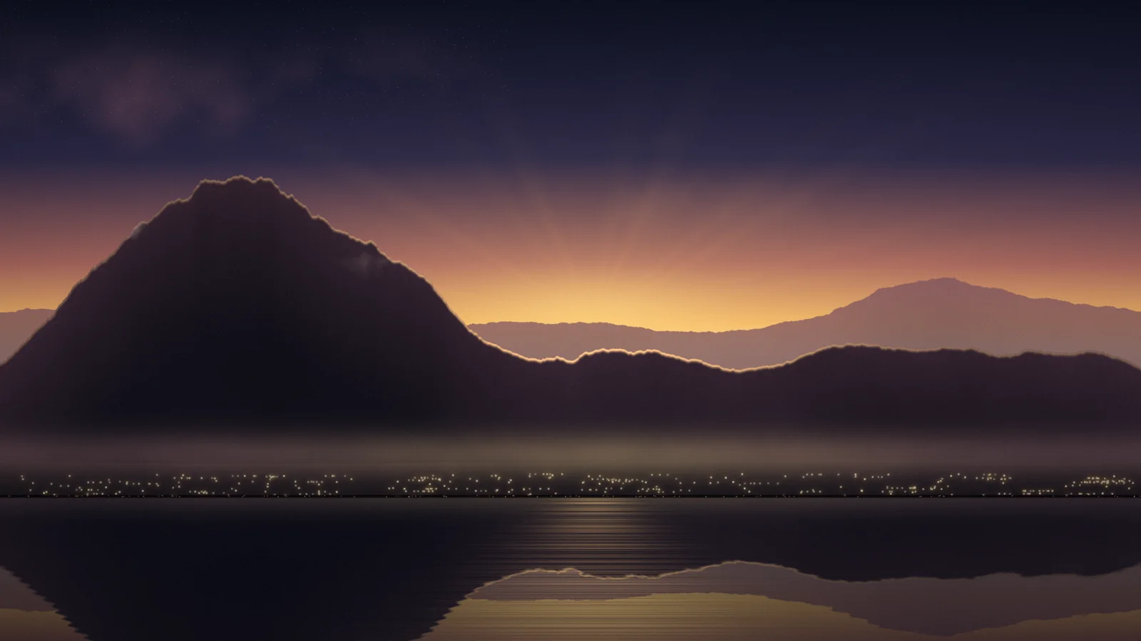 Sunrise over the Wasatch Mountains reflected in calm lake water, with a warm glow behind the ridgeline and a few shoreline lights