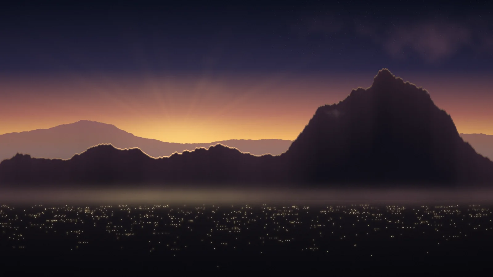 The south Wasatch Mountains above Utah Valley at first light, with a warm sunrise glow over the ridgeline and valley lights below