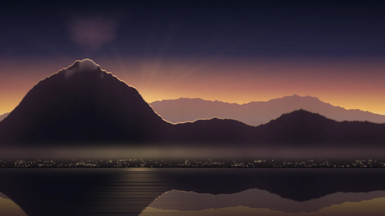 Wasatch peaks glowing at first light above a calm lake, with valley lights along the shore