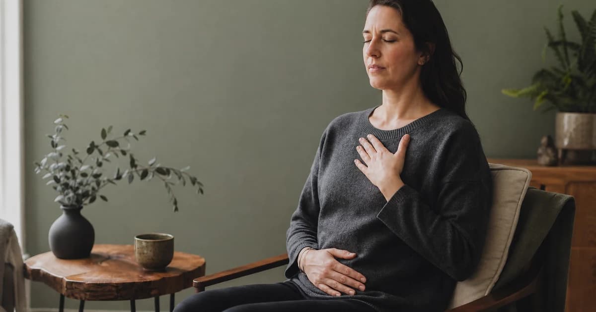 Adult managing anxiety with quiet breathing exercise in a warm Provo therapy room — RSLNT Wellness