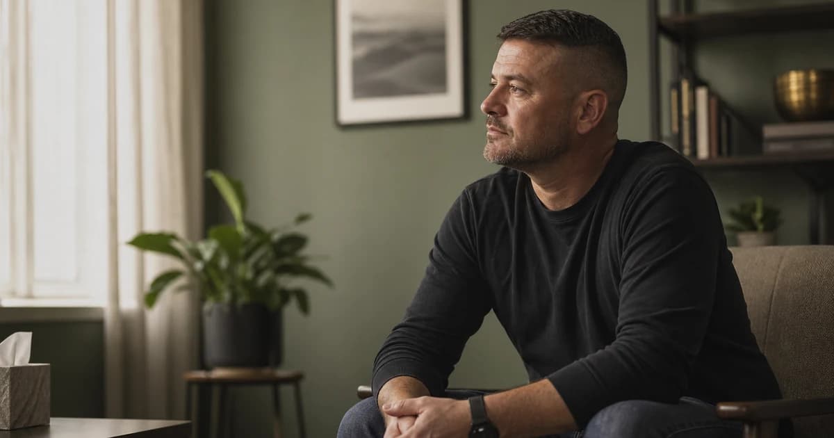 Veteran or first responder seated in a warm therapy room receiving PTSD support — RSLNT Wellness Provo Utah