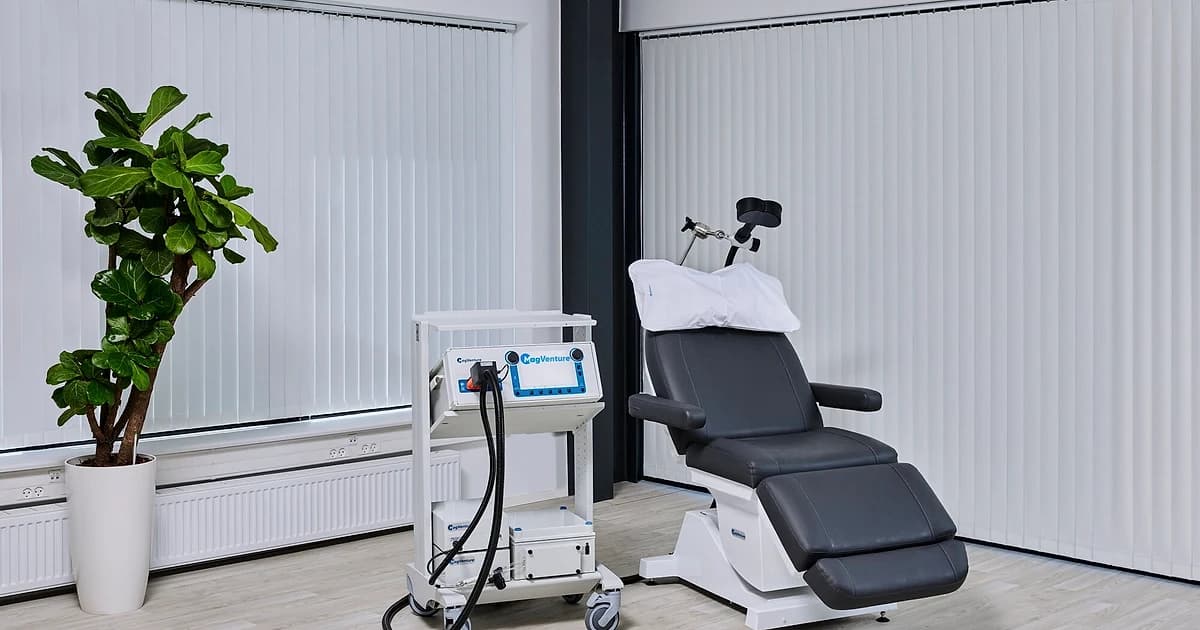 Official MagVenture room setup with MagPro R30 and Treatment Chair with Neckrest — RSLNT Wellness