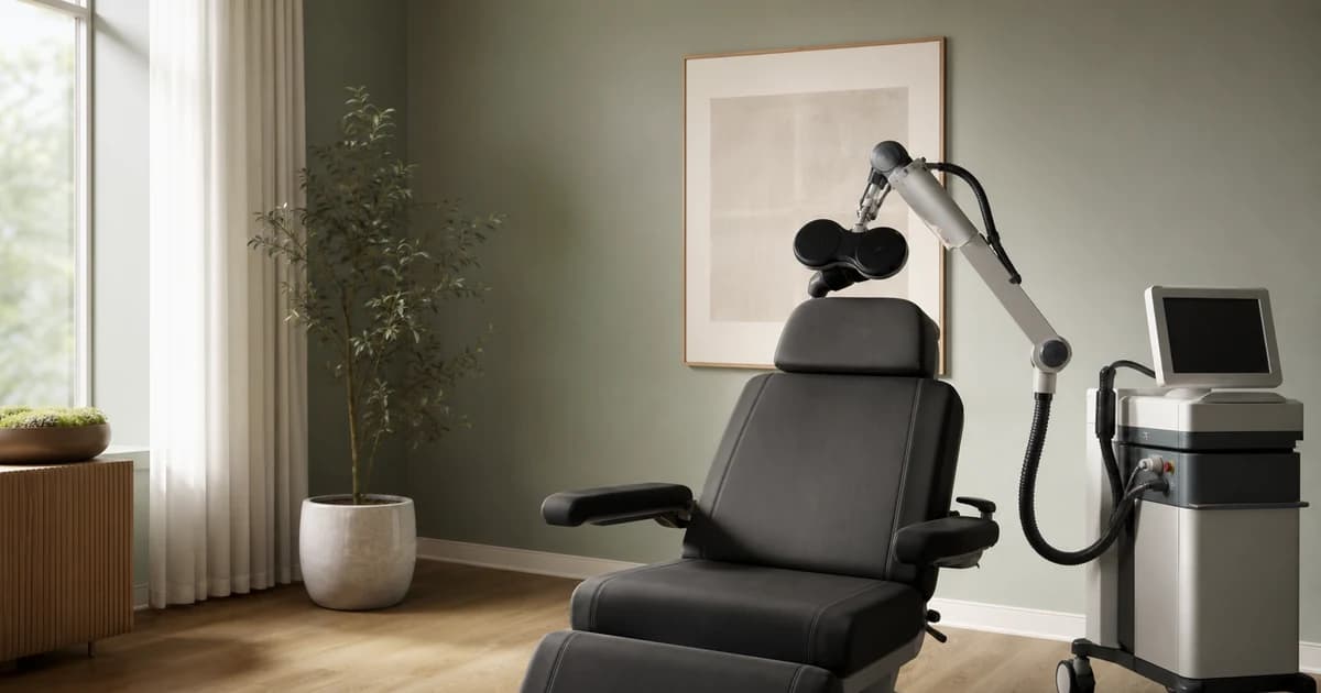 MagVenture MagPro R30 TMS treatment chair with magnetic coil arm in a calm Provo clinic — RSLNT Wellness