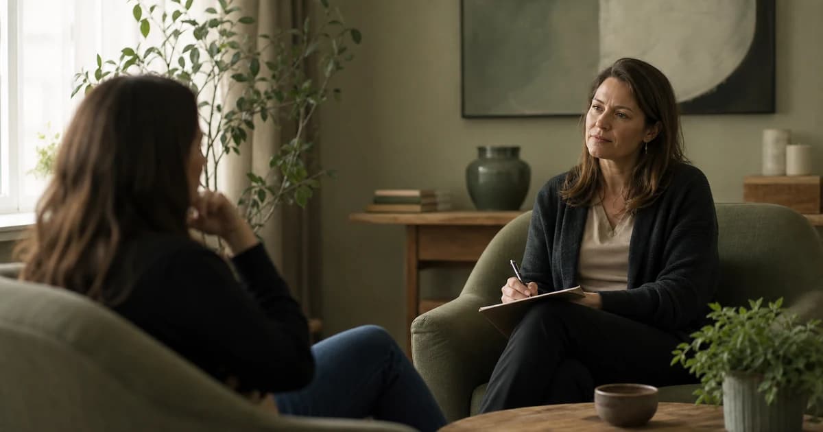 Counselor and patient in a warm Provo therapy room mid-session — RSLNT Wellness counseling