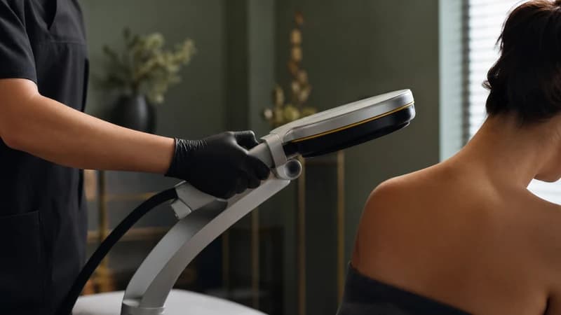 Peripheral magnetic stimulation coil positioned for chronic pain therapy at RSLNT Wellness in Provo