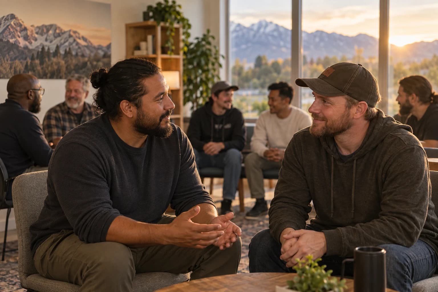 Adults in a warm community space talking and listening to one another