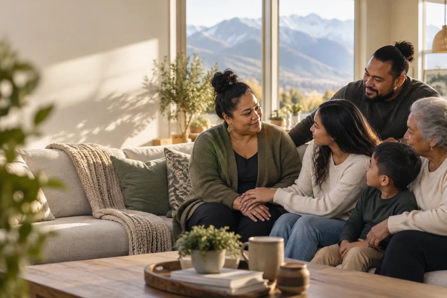Family members sitting together and listening with care in a sunlit room